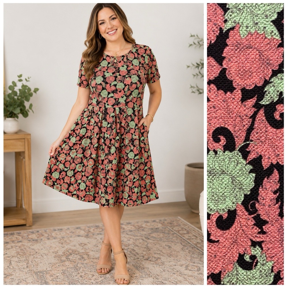 LuLaRoe Amelia Dress Floral Cottagecore 3XL Fit Flare Textured Romantic Feminine